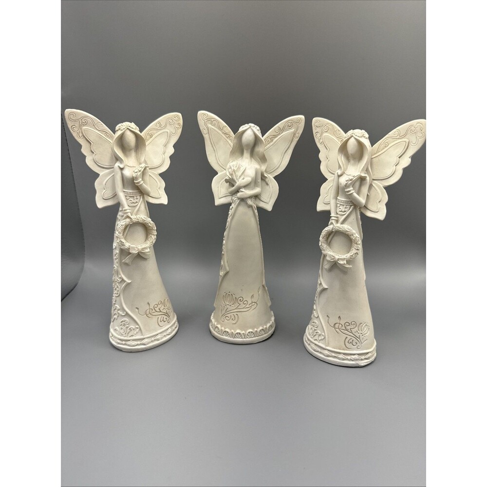 3 Polystone Angels Butterfly Wings  Greenbrier Wreath Lillies White Christmas 7”